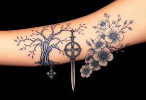 based on the Lord of the rings movies with the tree of Gondor, the Evenstar necklace, the sword Narsil, and flowers tattoo idea