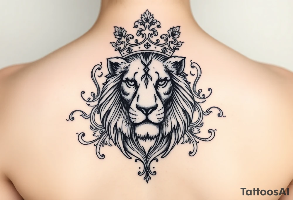 majestic lion wearing ornate crown, surrounded by baroque flourishes tattoo idea