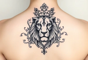 majestic lion wearing ornate crown, surrounded by baroque flourishes tattoo idea