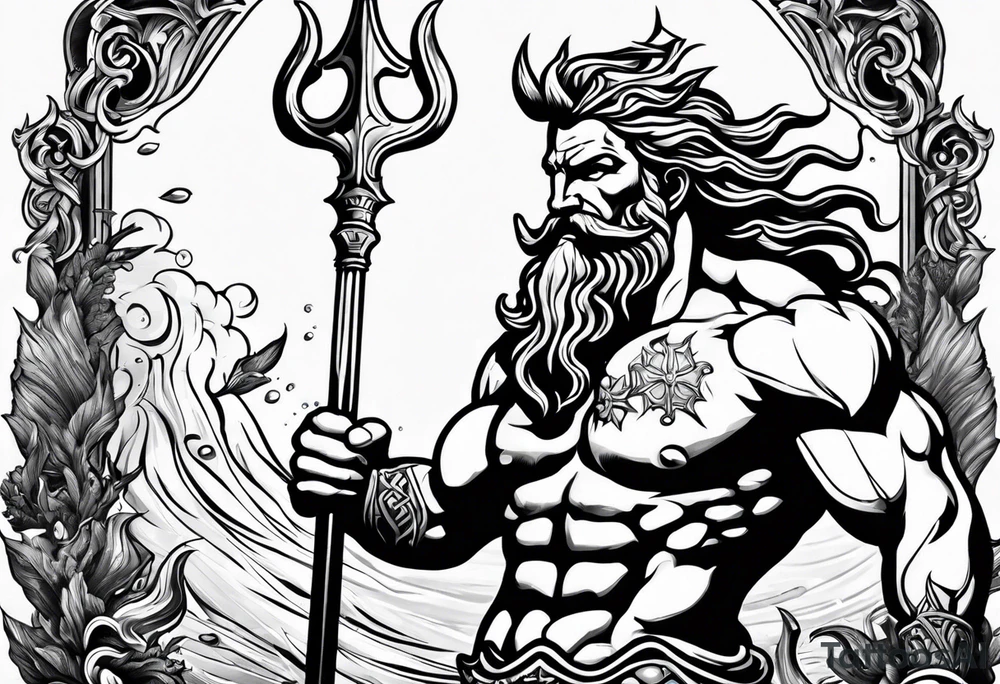 mystical Poseidon trident underwater tattoo idea