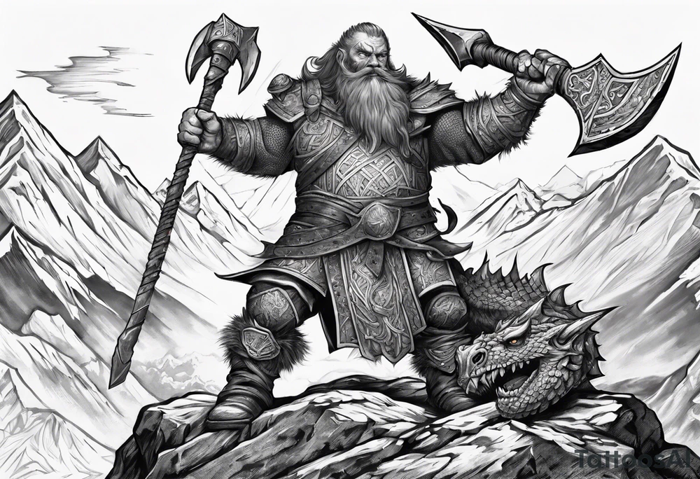 dwarven warrior with a war axe fighting against a dragon in the mountains as the sun is rising tattoo idea
