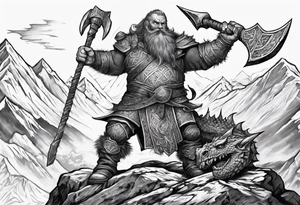 dwarven warrior with a war axe fighting against a dragon in the mountains as the sun is rising tattoo idea