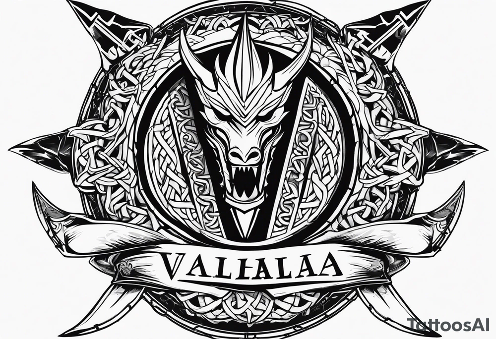 Valhalla sword shield dragon axe Valknut barbed wire chains tattoo idea Valhalla sword shield dragon axe Valknut barbed wire chains tattoo idea
