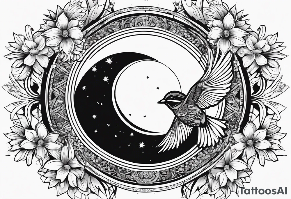 AUM symbol, one flying 
sparrow, sunrays, staircase, cosmos, iris, daisy tattoo idea
