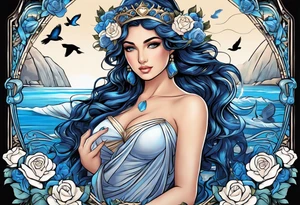 Aphrodite is the goddess of love, with a seaside background, surrounded by birds.. blue roses frames, background blue,present it in a, black hair, love motives, herat tattoo idea