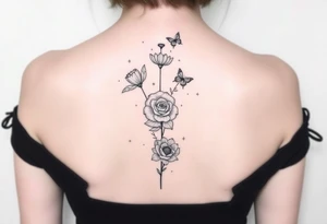 In a vertical line and individual water lily, rose, violet and narcissus. Surrounded by small delicate butterflies 

Not a bouquet tattoo idea