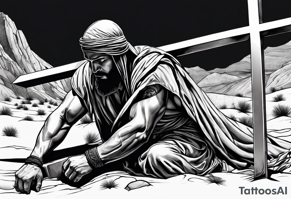 man crawling in a desert reaching to the cross of Christ tattoo idea
