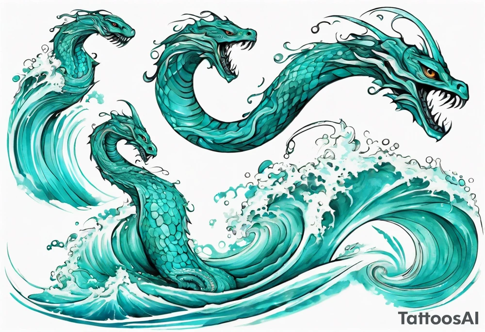a beautiful turquoise sea serpent emerging from an ocean wave, crashing onto the shore tattoo idea