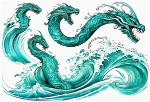 a beautiful turquoise sea serpent emerging from an ocean wave, crashing onto the shore tattoo idea
