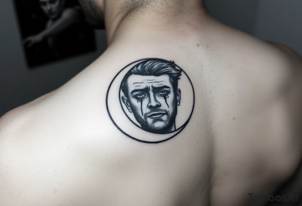 Man’s face in a crescent moon, crying, micro realism, not too dark, black and grey tattoo idea
