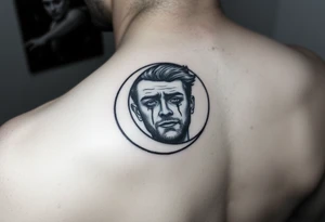 Man’s face in a crescent moon, crying, micro realism, not too dark, black and grey tattoo idea