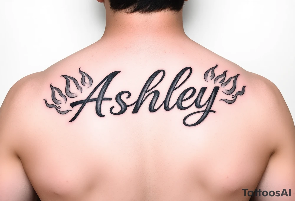 Name
Tattoo: ASHLEY in script flames tattoo idea