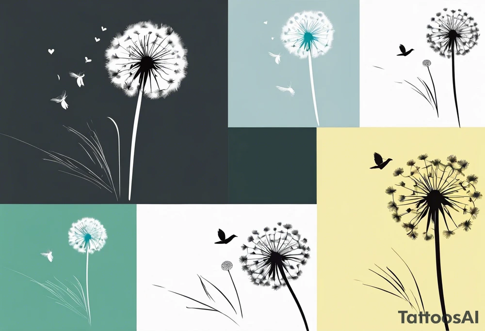 Dandelion with its ligules blowing away, a few legs are tiny hearts, the girls turn into a little bird, flying away to its future tattoo idea
