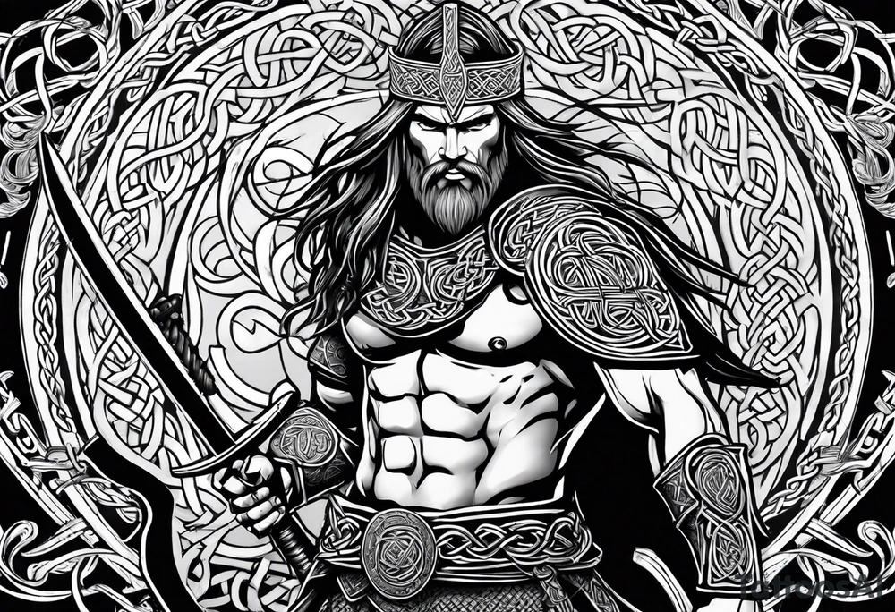 Full body side profile of a Celtic warrior with weapons. Background of Celtic symbols tattoo idea