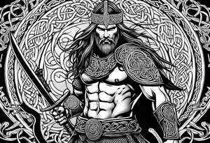 Full body side profile of a Celtic warrior with weapons. Background of Celtic symbols tattoo idea