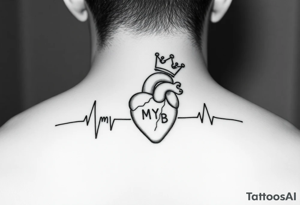 a heartbeat line with an anatomically correct heart with a crown tilted to the left ending the words "MY BB tattoo idea