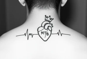 a heartbeat line with an anatomically correct heart with a crown tilted to the left ending the words "MY BB tattoo idea