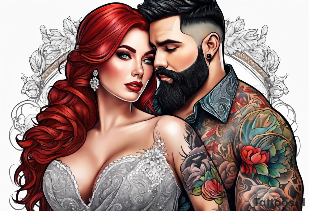 Busty red haired woman with a bearded man who has black hair getting married tattoo idea