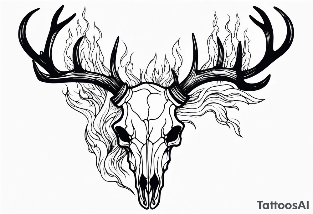 side profile of a DECAYING deer skull JUST BONE surrounded by a flames and trees tattoo idea