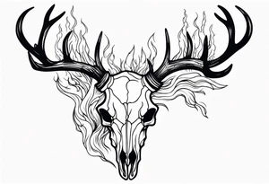 side profile of a DECAYING deer skull JUST BONE surrounded by a flames and trees tattoo idea