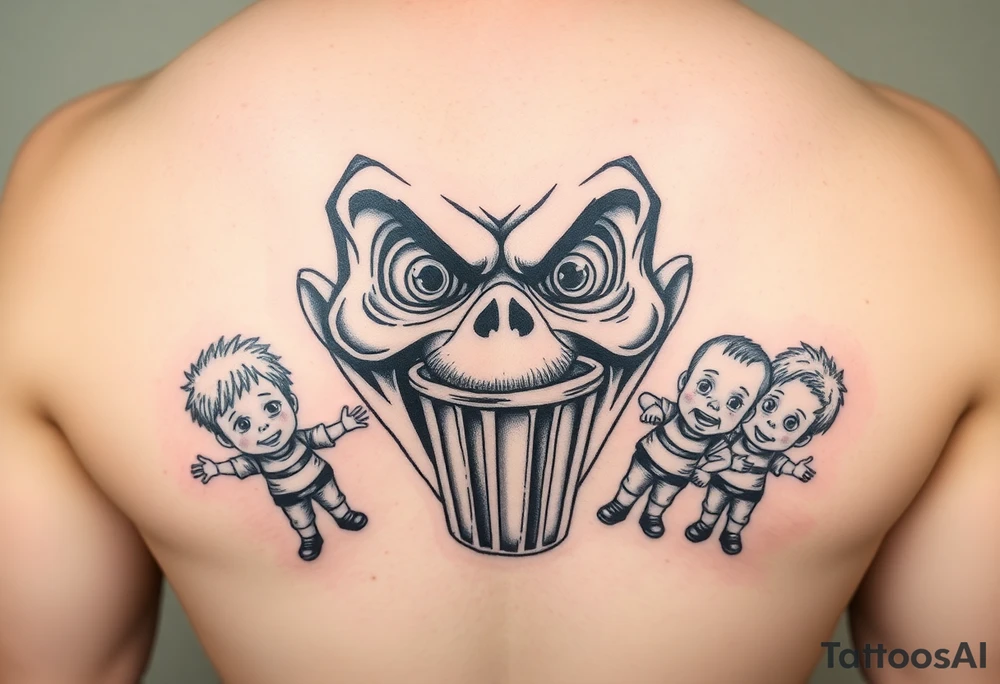 powerful faces with huge eyes and mouth with foamy mouth with a garbage pail kids around tattoo idea