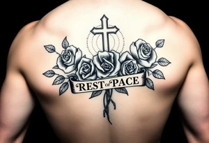 Hip hop religious rest in peace with roses and a banner for a name tattoo idea