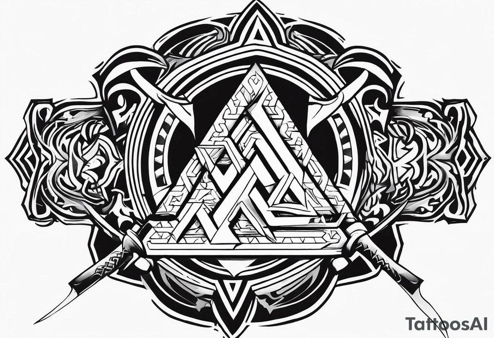 Valhalla sword shield axe Valknut stairs tattoo idea