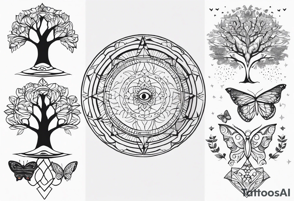 Spiritual mandala tattoo sleeve with 444, eye of Horus, tree of life and butterflies tattoo idea