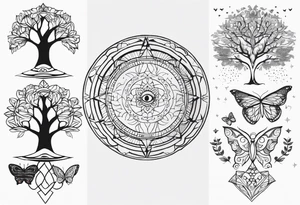 Spiritual mandala tattoo sleeve with 444, eye of Horus, tree of life and butterflies tattoo idea