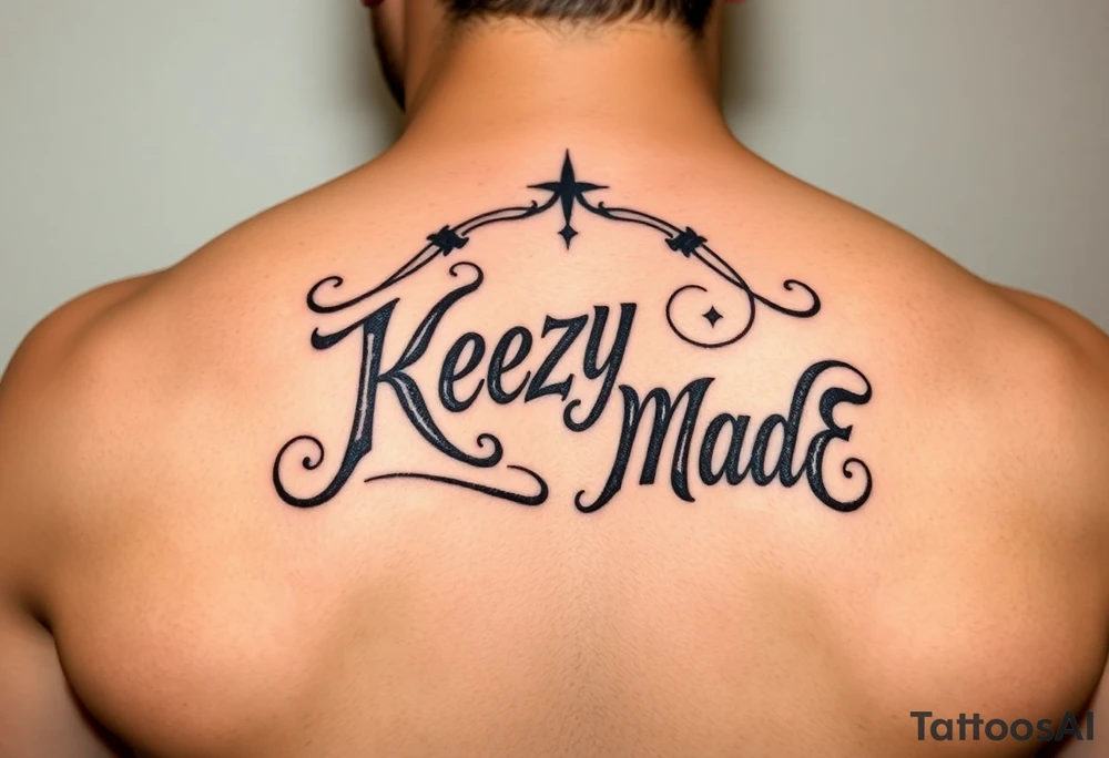 letters only fancy but rugged twisted and intertwined circular arched curvy lettering in a circular  forum that would be clothing brand style that says (KeezY MadE) almost the the roca wear symbol clothing brand tattoo idea