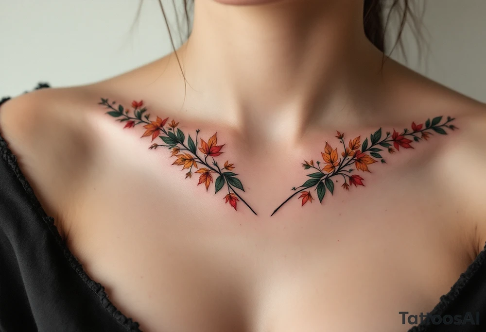 Two separate collarbone tattoos of long, stems and branches covered with red, orange, yellow and dark forest green leaves and flowers, fall themed, muted, delicate and gentle but moody, long and thin, following the collarbone. More muted, not so bright, darker colors tattoo idea