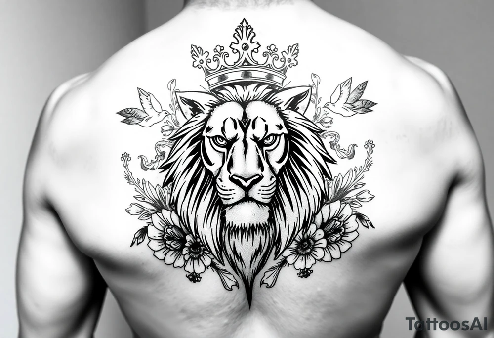 powerful majestic lion with a crown, surrounded by floral ornaments and birds tattoo idea