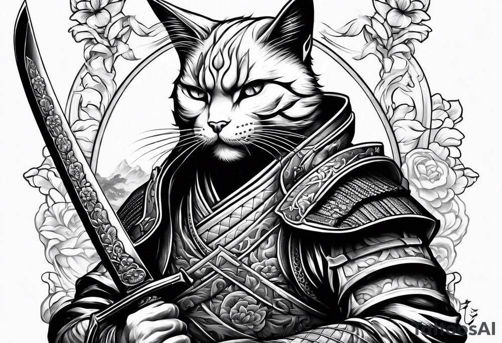 Samurai cat holding a sword tattoo idea