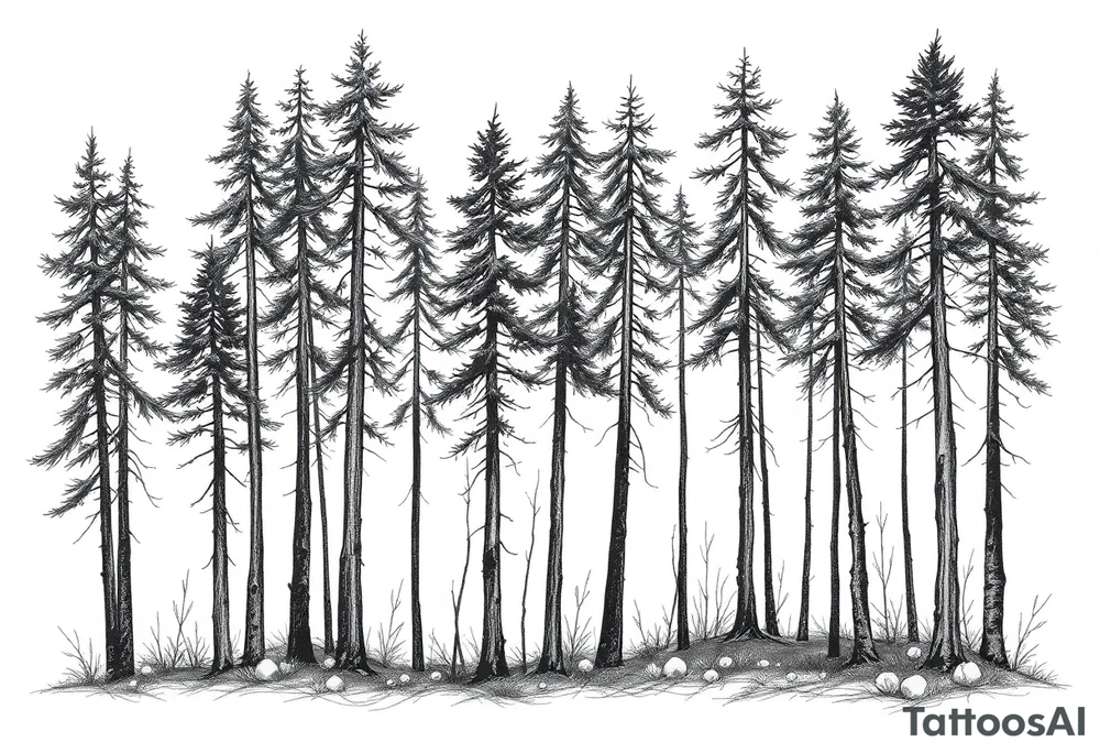 Needle forest with black and gray trees tattoo idea