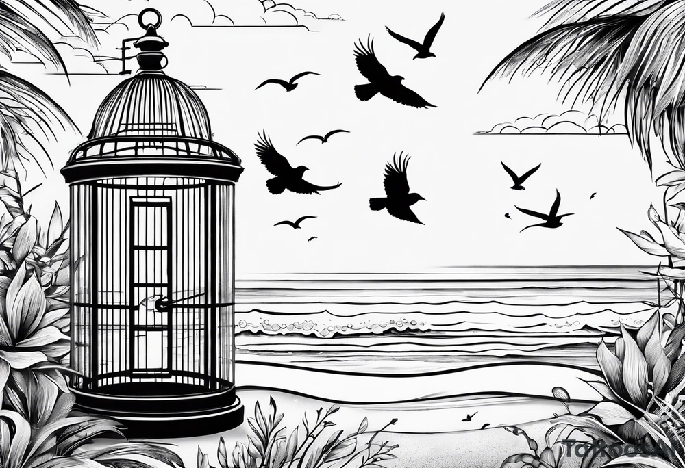 An open birdcage on the beach with the words be free, small enough to be on the wrist tattoo idea