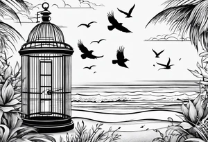 An open birdcage on the beach with the words be free, small enough to be on the wrist tattoo idea