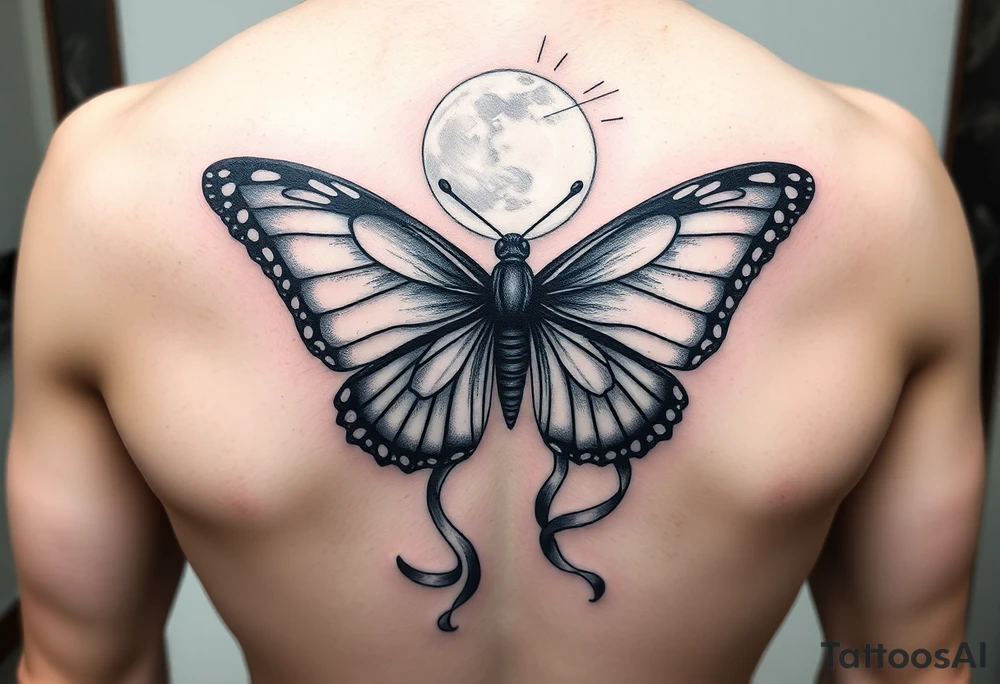 ethereal butterfly with flowing silk ribbons in moonlight tattoo idea