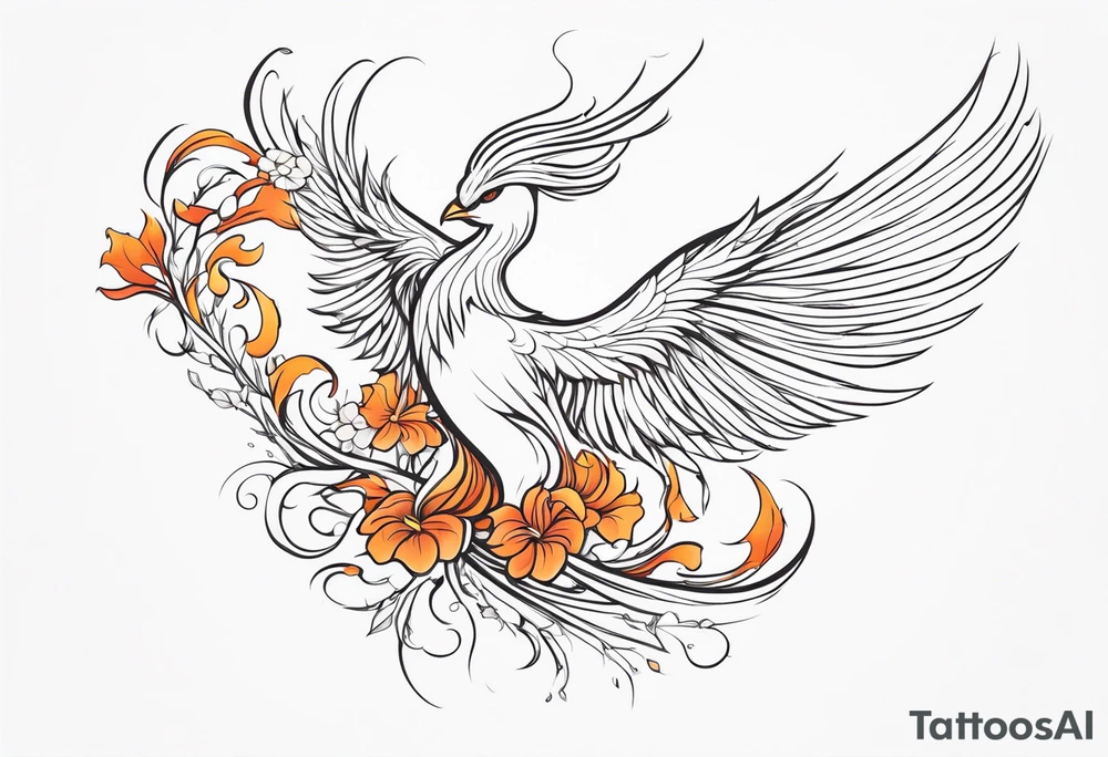 elongated phoenix in profile with claws holding flowers falling tattoo idea