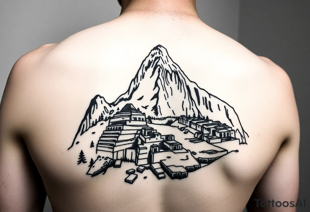 Mahcu Picchu in solid black and white only tattoo idea