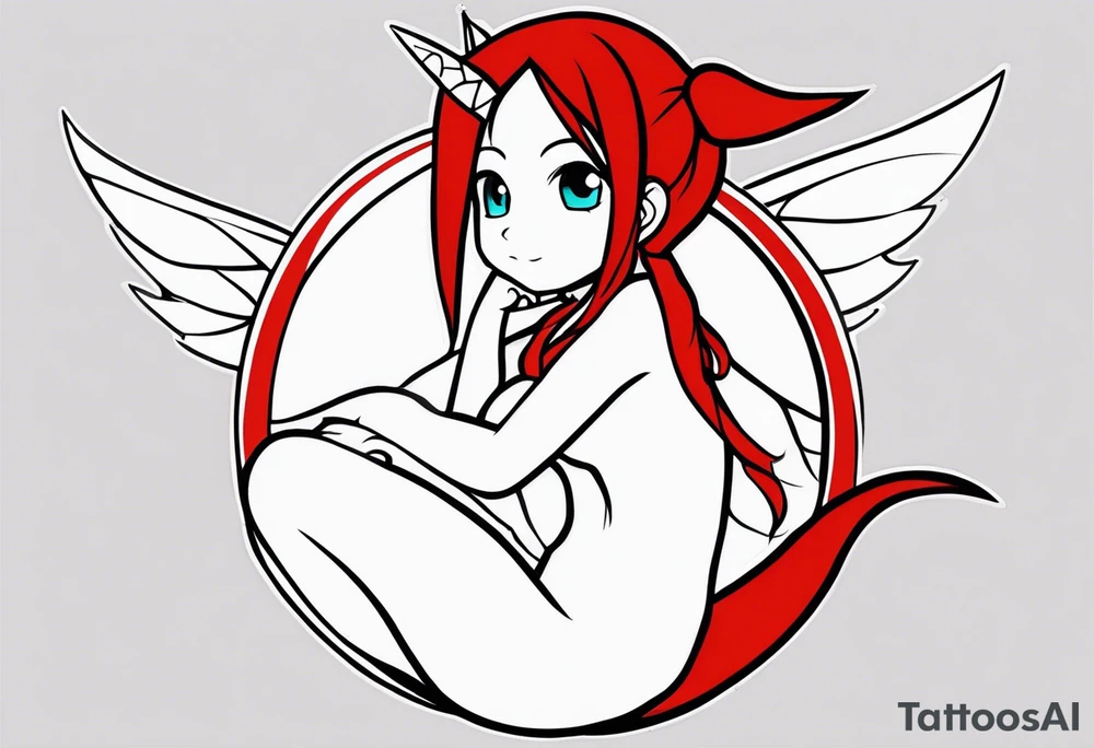 A fairy with a tail inspired by the logo of the show called Fairy Tail in a fetal position leaning in no additional ears or background  no animal ears tattoo idea