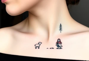Big bad wolf nursery rhyme wearing a sheep costume with sheep head as hood and eat the three little pigs and little red riding hood in the woods tattoo idea