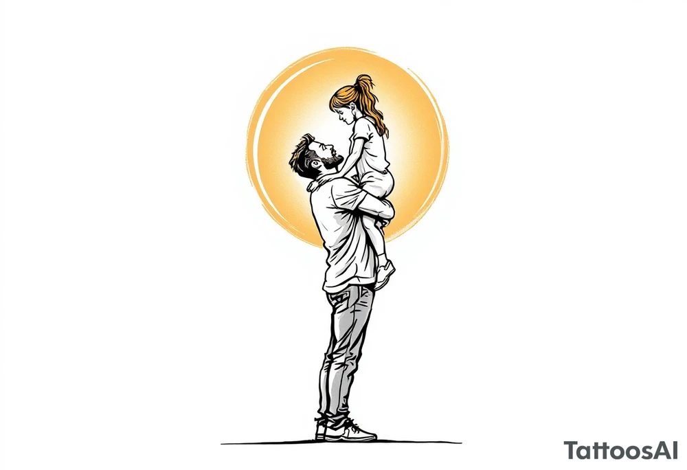 A line-art silhouette of a father lifting his daughter onto his shoulders, with a soft golden glow around them. tattoo idea
