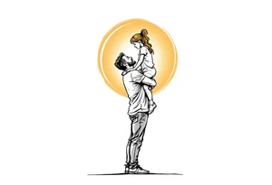 A line-art silhouette of a father lifting his daughter onto his shoulders, with a soft golden glow around them. tattoo idea