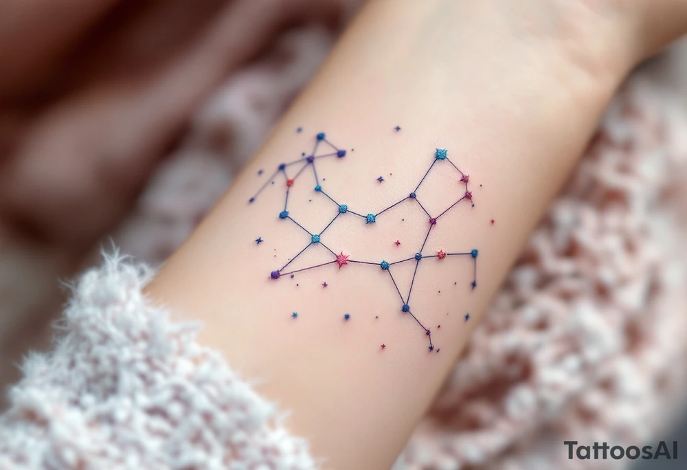 A subtle Aries star constellation map in pastel blues and pinks celebrates the zodiac sign’s cosmic connection with a soft elegance. tattoo idea