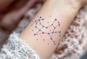 A subtle Aries star constellation map in pastel blues and pinks celebrates the zodiac sign’s cosmic connection with a soft elegance. tattoo idea