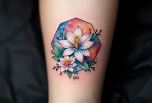 Leo sign, larkspur and water lily surrounded by a hexagon tattoo idea