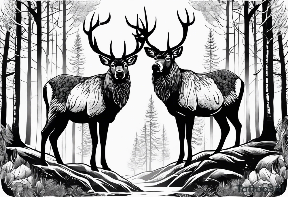 Make a tattoo of two norwegian elkounds standing in a forest. Make it a nordic themed tattoo tattoo idea