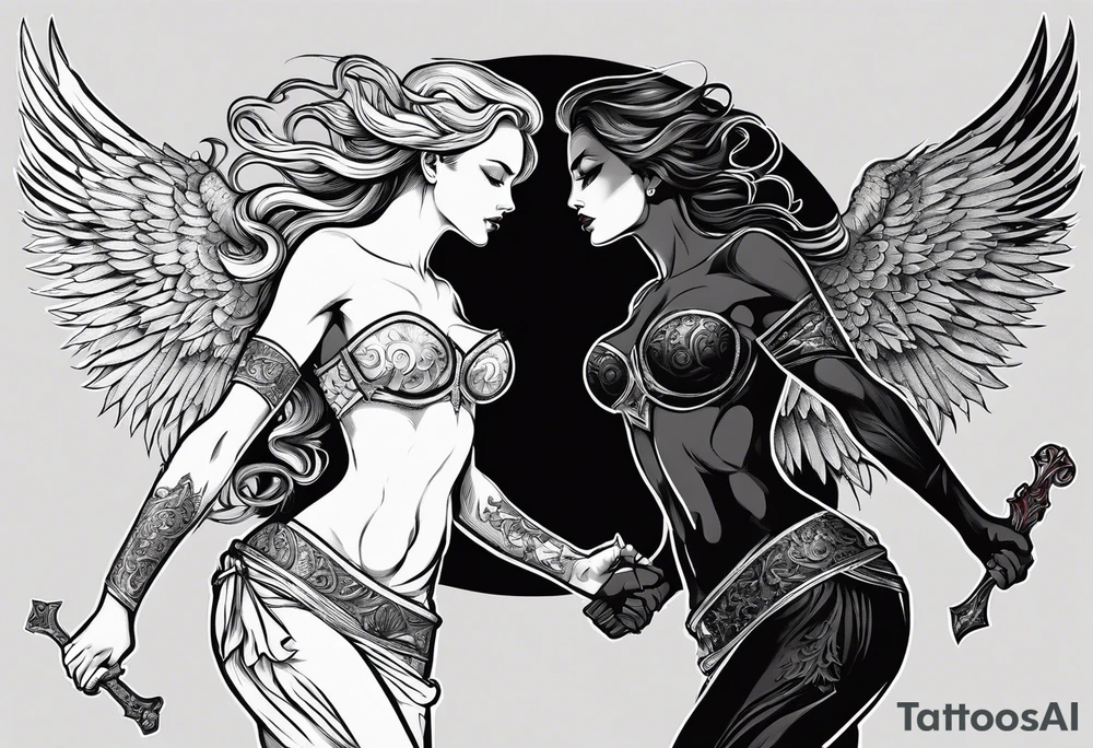angel woman and devil woman fighting, arguing on the sky , big wingsand full body  , angel at the right , tattoo idea