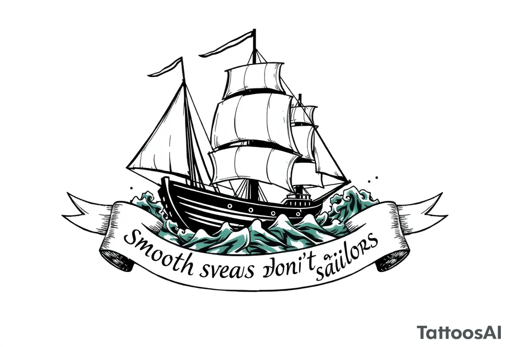 Can you please create an oval design of a ship in rough seas with the words “smooth seas don’t make good sailors” on the ribbon? tattoo idea