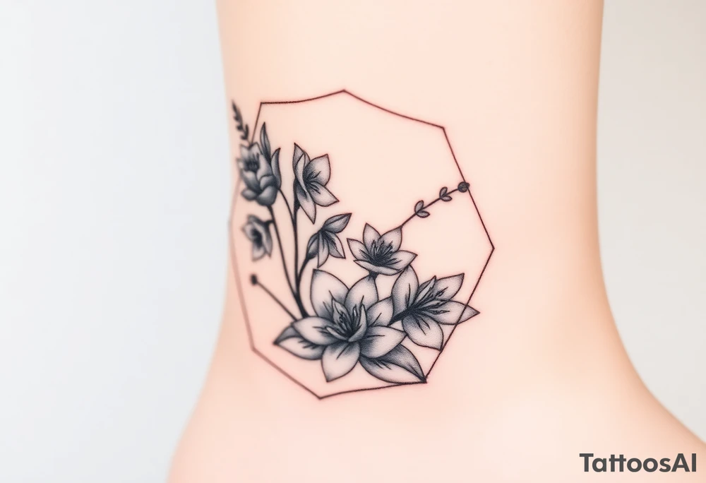 Hexagon Leo larkspurs and water lilies tattoo idea